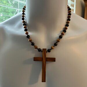 Artisan Wooden Cross  Bronzite Hematite Spacers Beaded Chain 20 in Handmade NEW